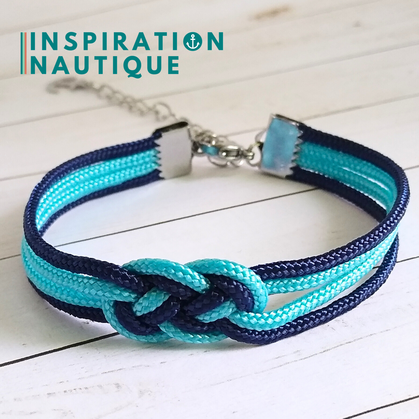 Bracelet marin avec mini noeud de carrick double, Turquoise et marine