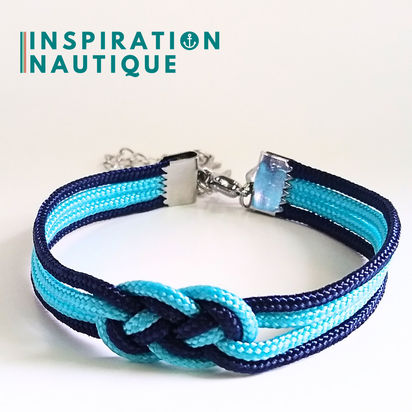 Bracelet marin avec mini noeud de carrick double, Turquoise et marine