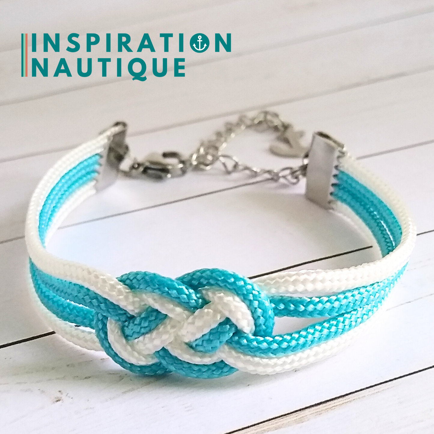 Bracelet marin avec mini noeud de carrick double, Turquoise et blanc, Small