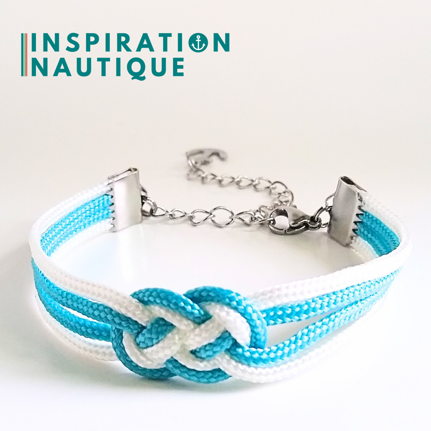 Bracelet marin avec mini noeud de carrick double, Turquoise et blanc, Small