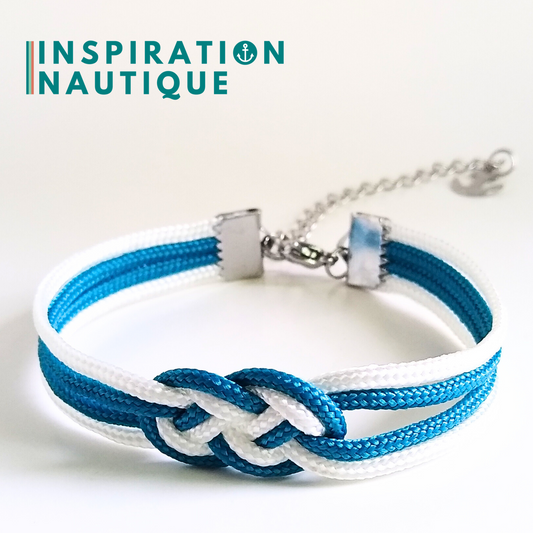 Bracelet marin avec mini noeud de carrick double, en petite paracorde et acier inoxydable, Bleu Caraïbes et blanc, Medium