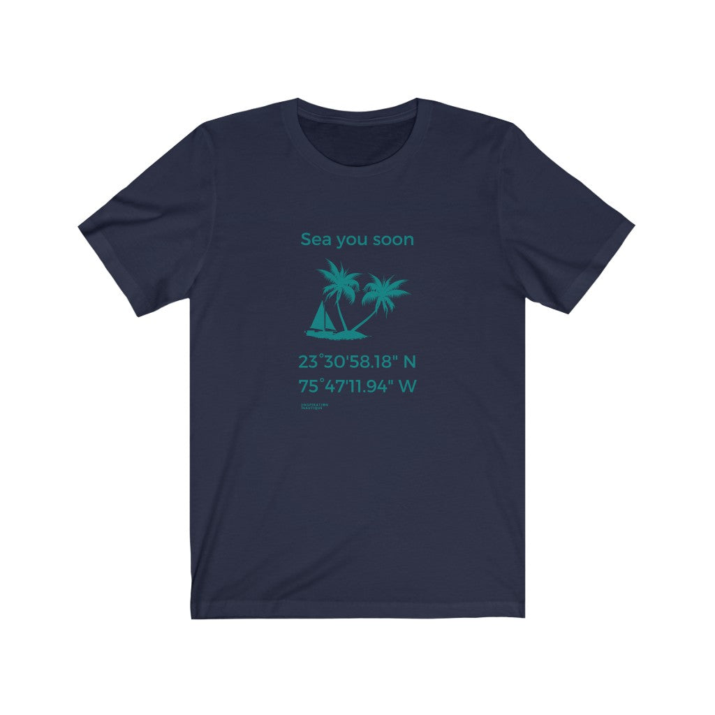 Unisex t-shirt: Sea you soon (sailboat and island) - Teal visual