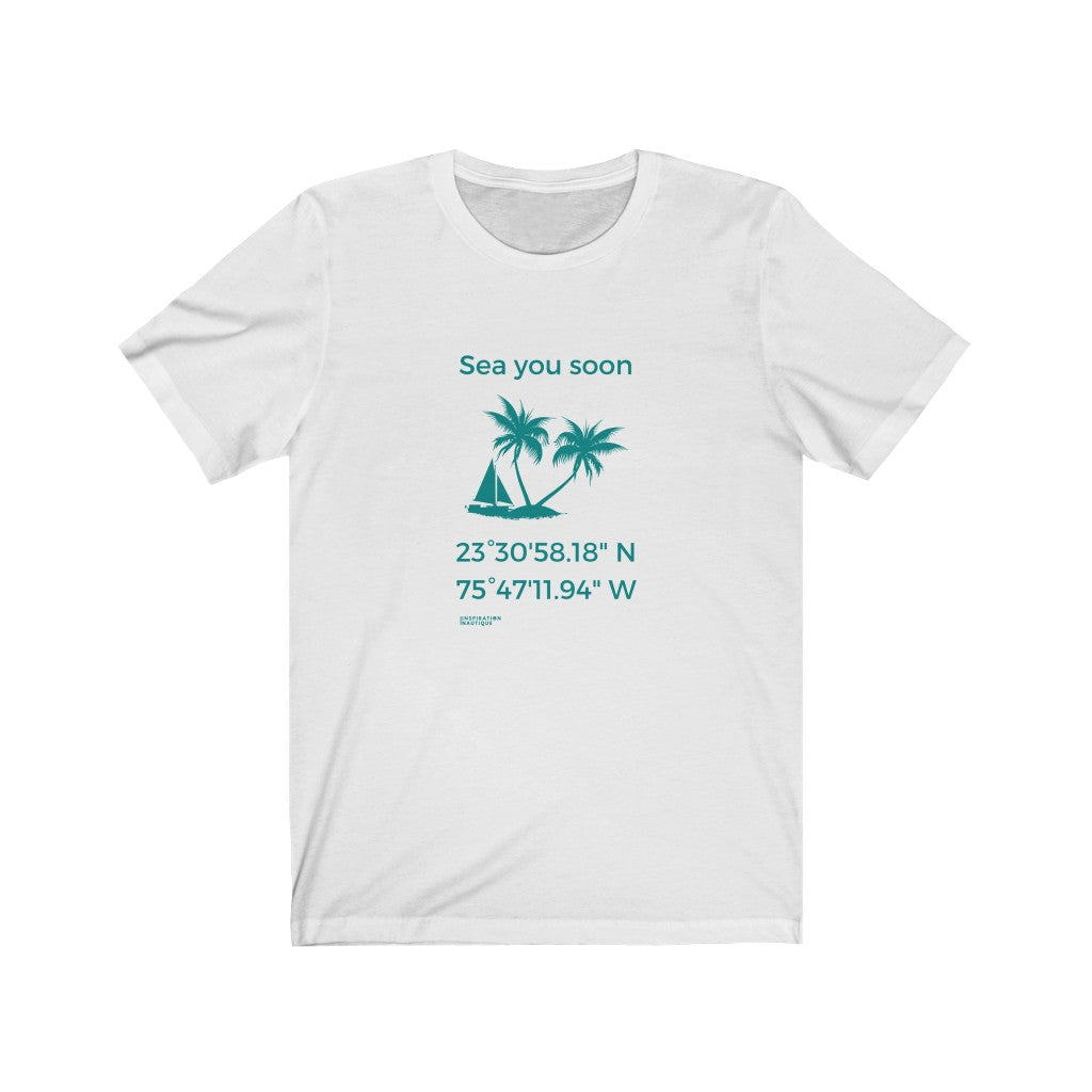 Unisex t-shirt: Sea you soon (sailboat and island) - Teal visual
