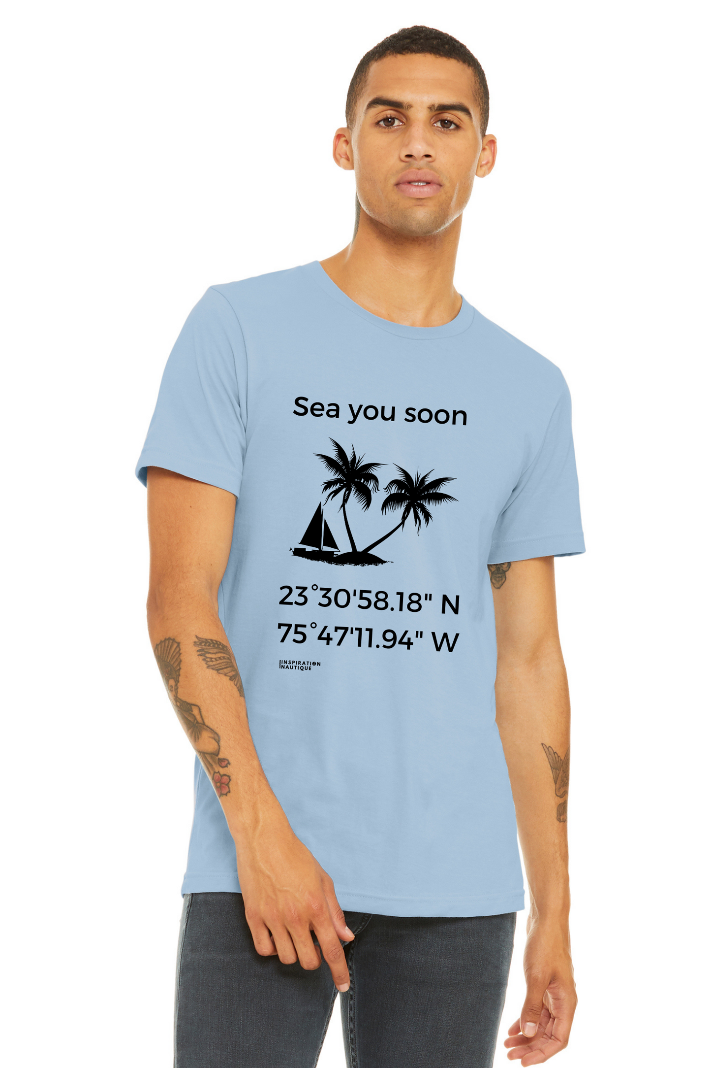 Unisex t-shirt: Sea you soon (sailboat and island) - Black visual