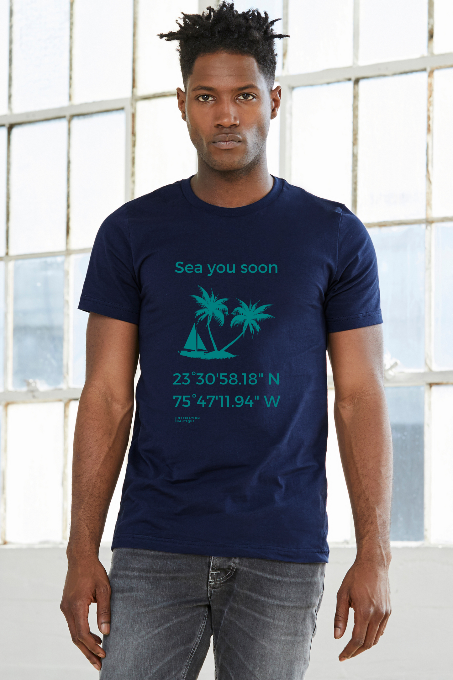 Unisex t-shirt: Sea you soon (sailboat and island) - Teal visual