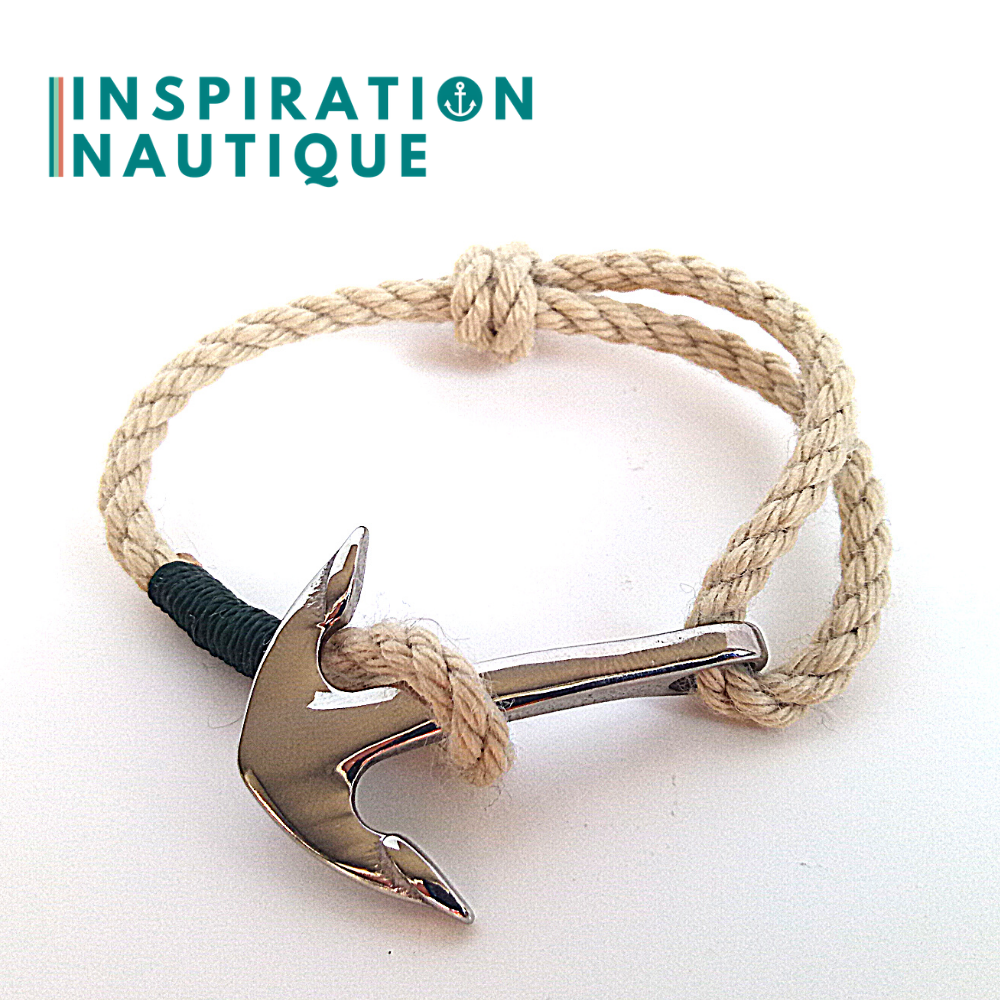 Bracelet marin avec ancre pour homme ou femme en cordage de bateau vintage et acier inoxydable fait au Québec