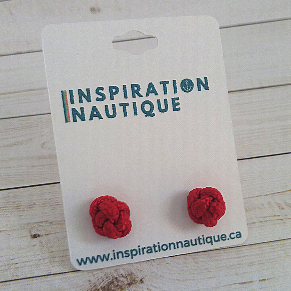 Boucles d'oreilles nautiques, boutons en noeud de sifflet de bosco, Rouges