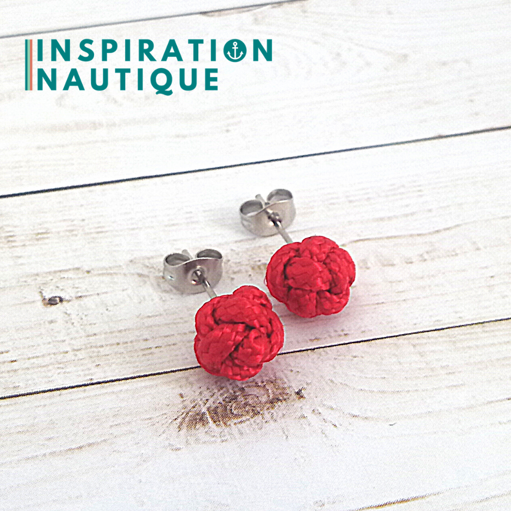 Boucles d'oreilles nautiques, boutons en noeud de sifflet de bosco, Rouges