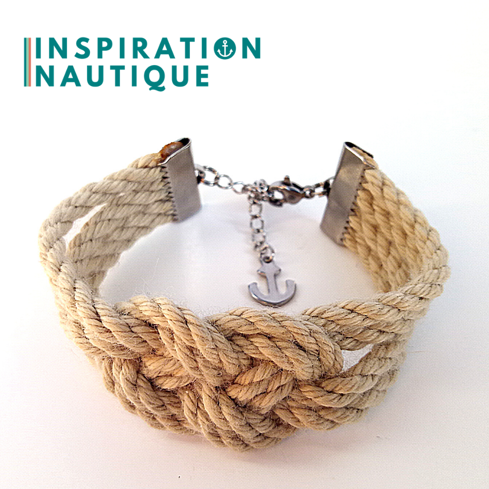 Bracelet marin avec noeud de carrick double unisexe, en cordage de bateau authentique et acier inoxydable, Naturel