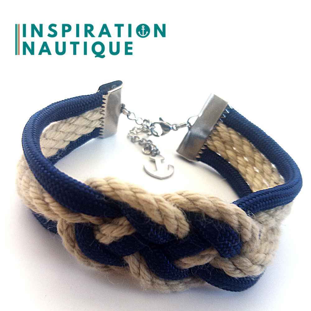Bracelet marin avec noeud de carrick double, en paracorde 550, cordage de bateau authentique, paracorde, et acier inoxydable, Marine et naturel, Medium