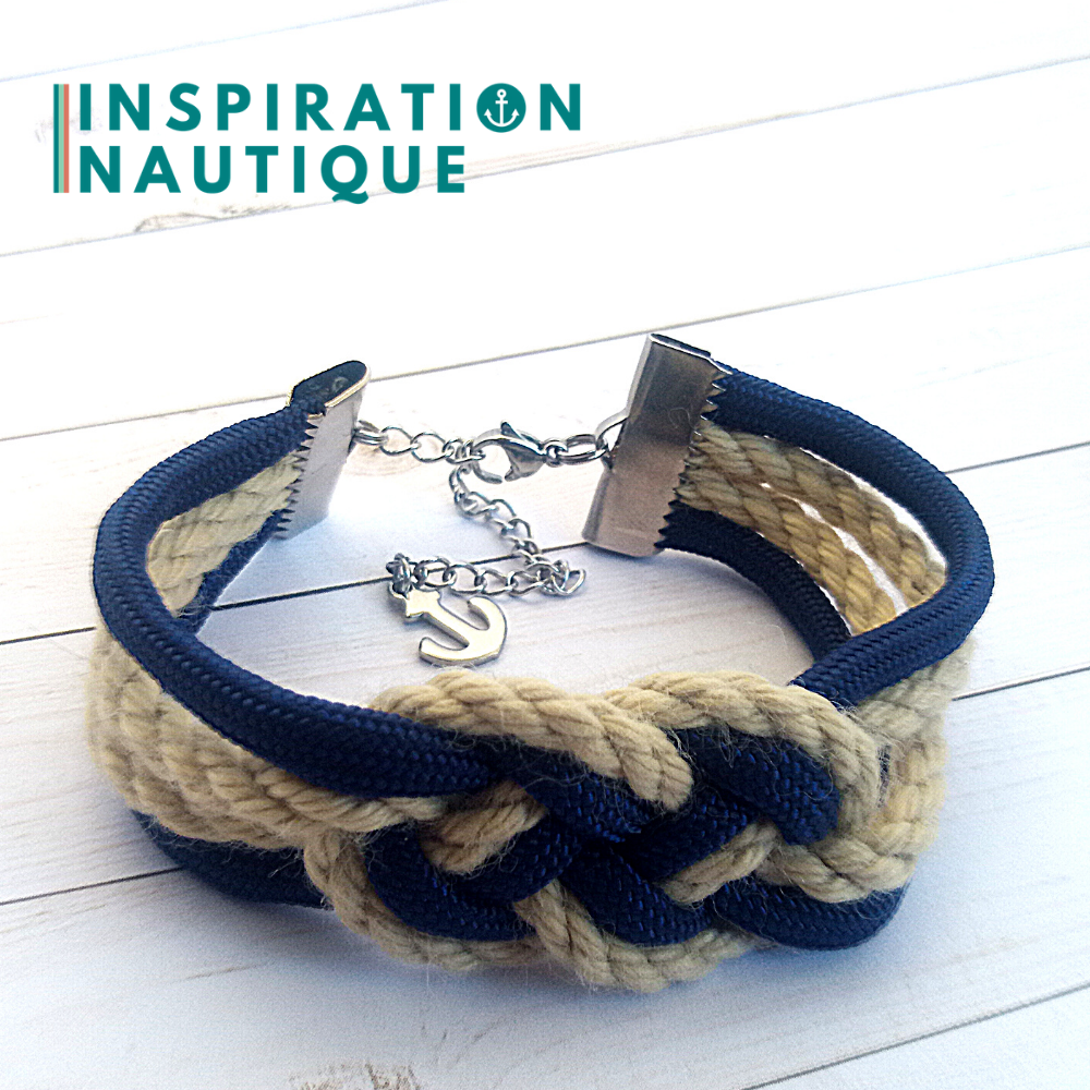 Bracelet marin avec noeud de carrick double, en paracorde 550, cordage de bateau authentique, paracorde, et acier inoxydable, Marine et naturel