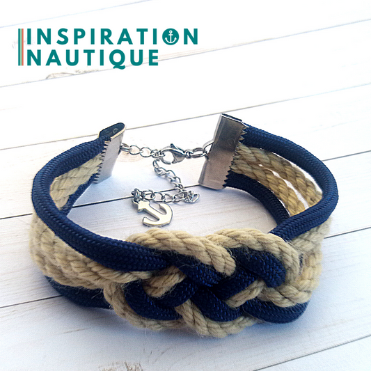 Bracelet marin avec noeud de carrick double, en paracorde 550, cordage de bateau authentique, paracorde, et acier inoxydable, Marine et naturel