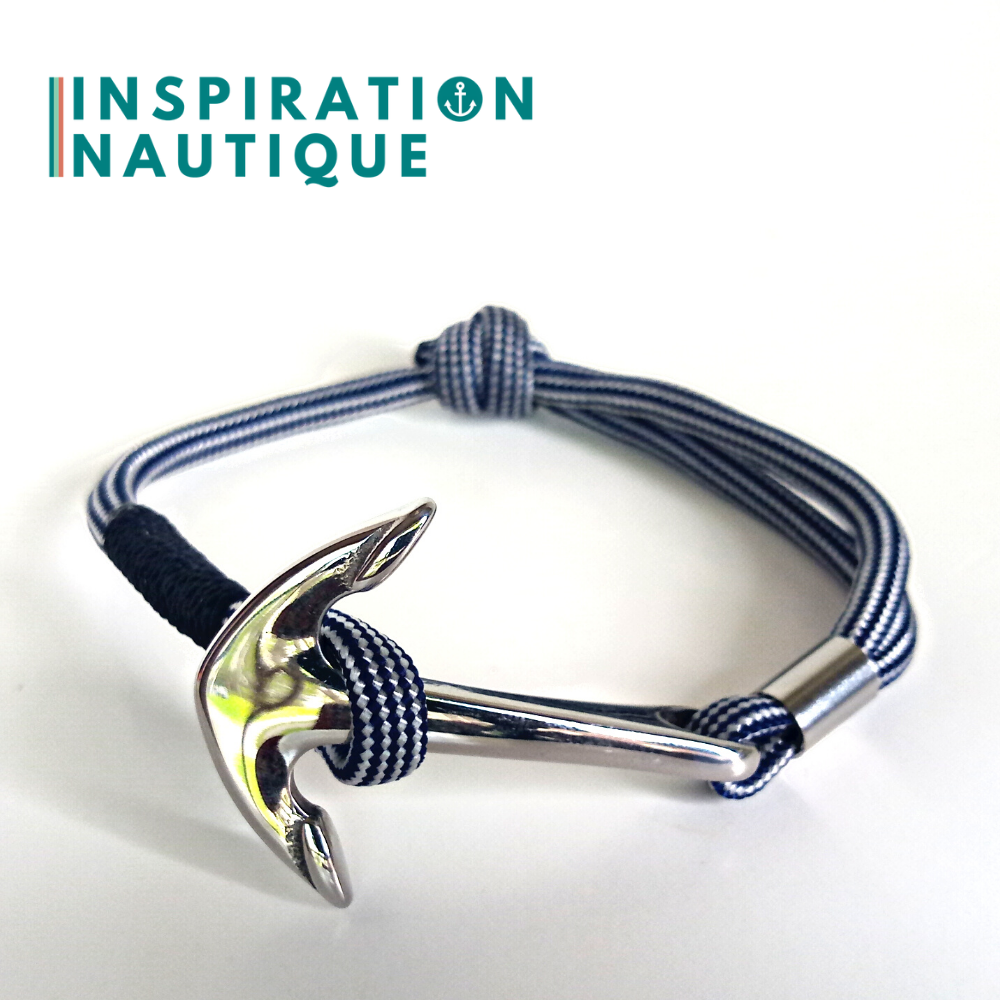 Bracelet marin avec ancre en paracorde 550 et acier inoxydable, ajustable, Marine et blanc, ligné, surliure Marine, Medium