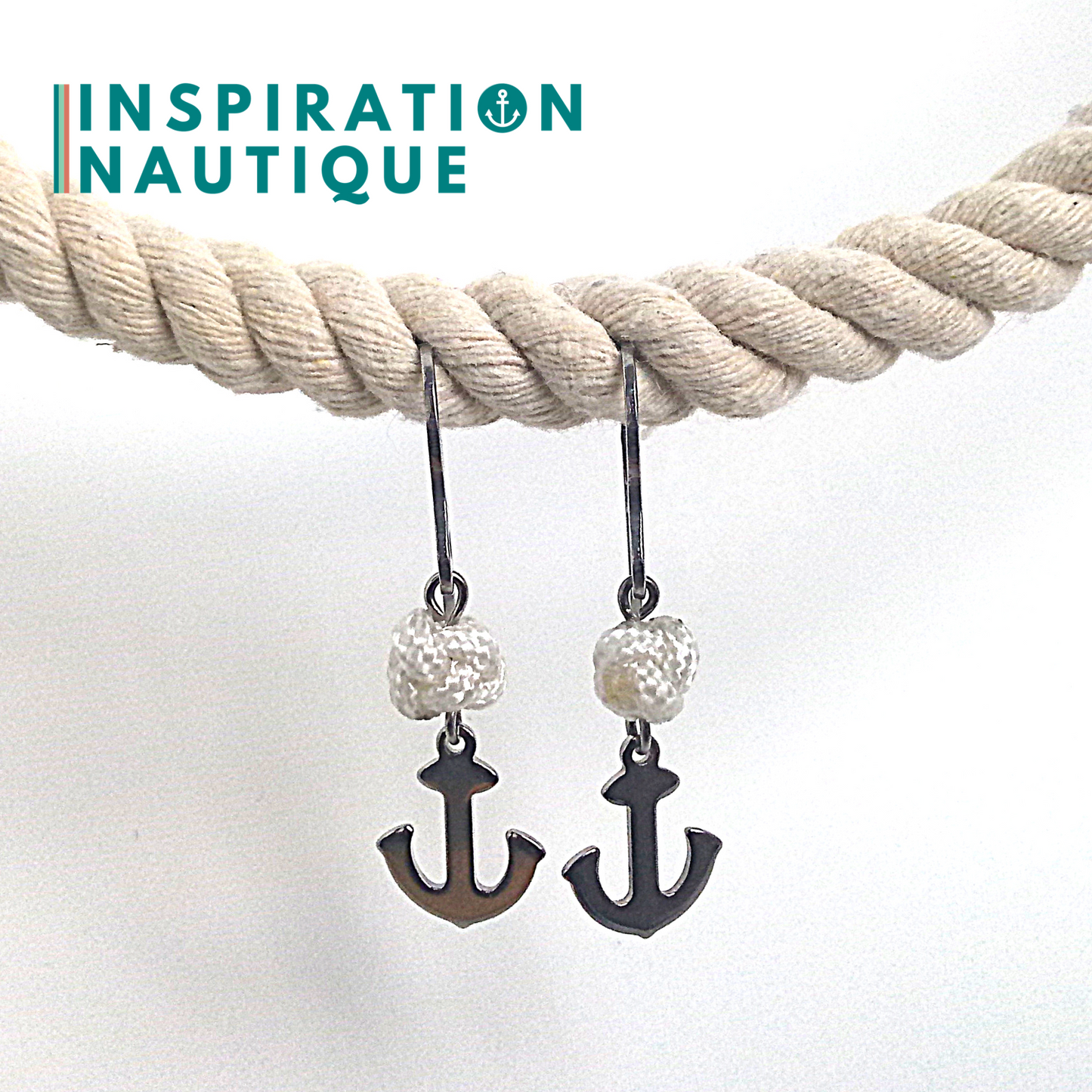 Boucles d'oreilles avec bille en corde et ancre en acier inoxydable, Blanches