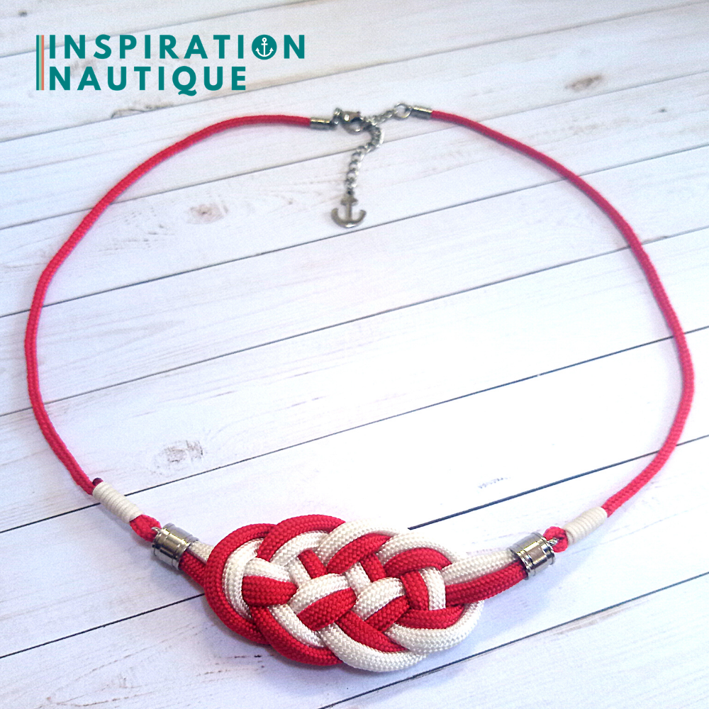 Collier marin avec noeud de carrick en paracorde et acier inoxydable, Rouge et blanc