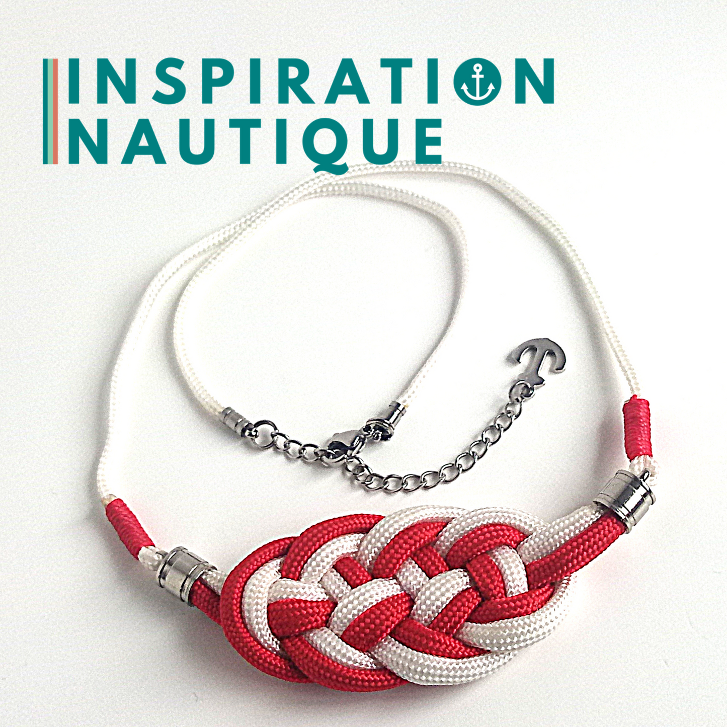 Collier marin avec noeud de carrick en paracorde et acier inoxydable, Rouge et blanc