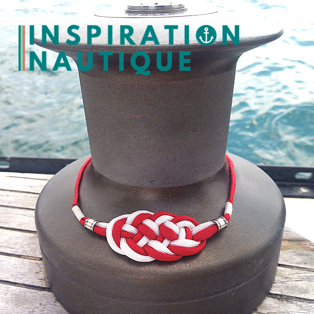 Collier marin avec noeud de carrick en paracorde et acier inoxydable, Rouge et blanc