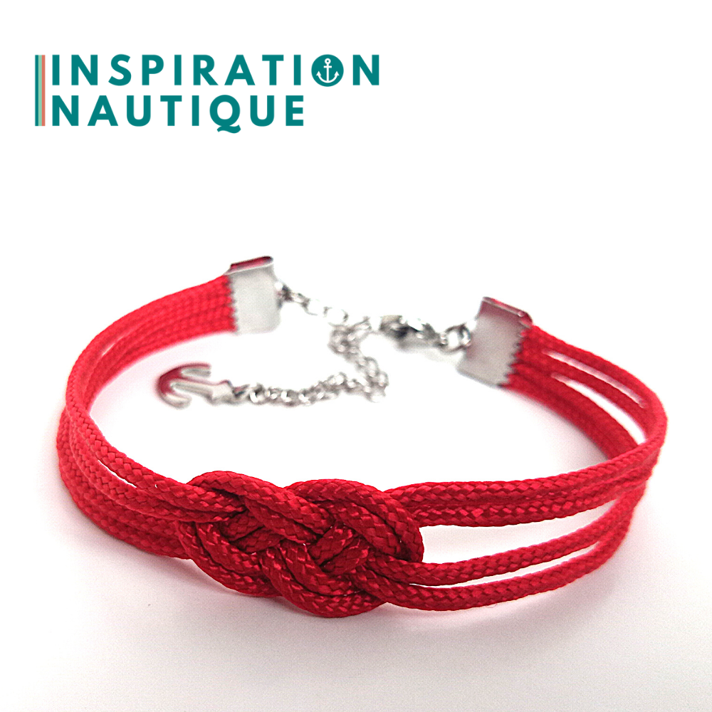 Bracelet marin avec mini noeud de carrick double, en petite paracorde et acier inoxydable, Rouge, Medium