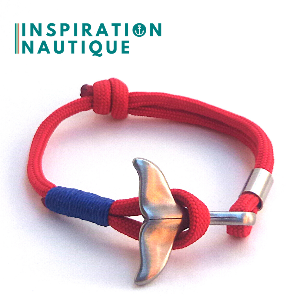 Bracelet marin avec queue de baleine pour femme ou homme en paracorde 550 et acier inoxydable, ajustable, Rouge