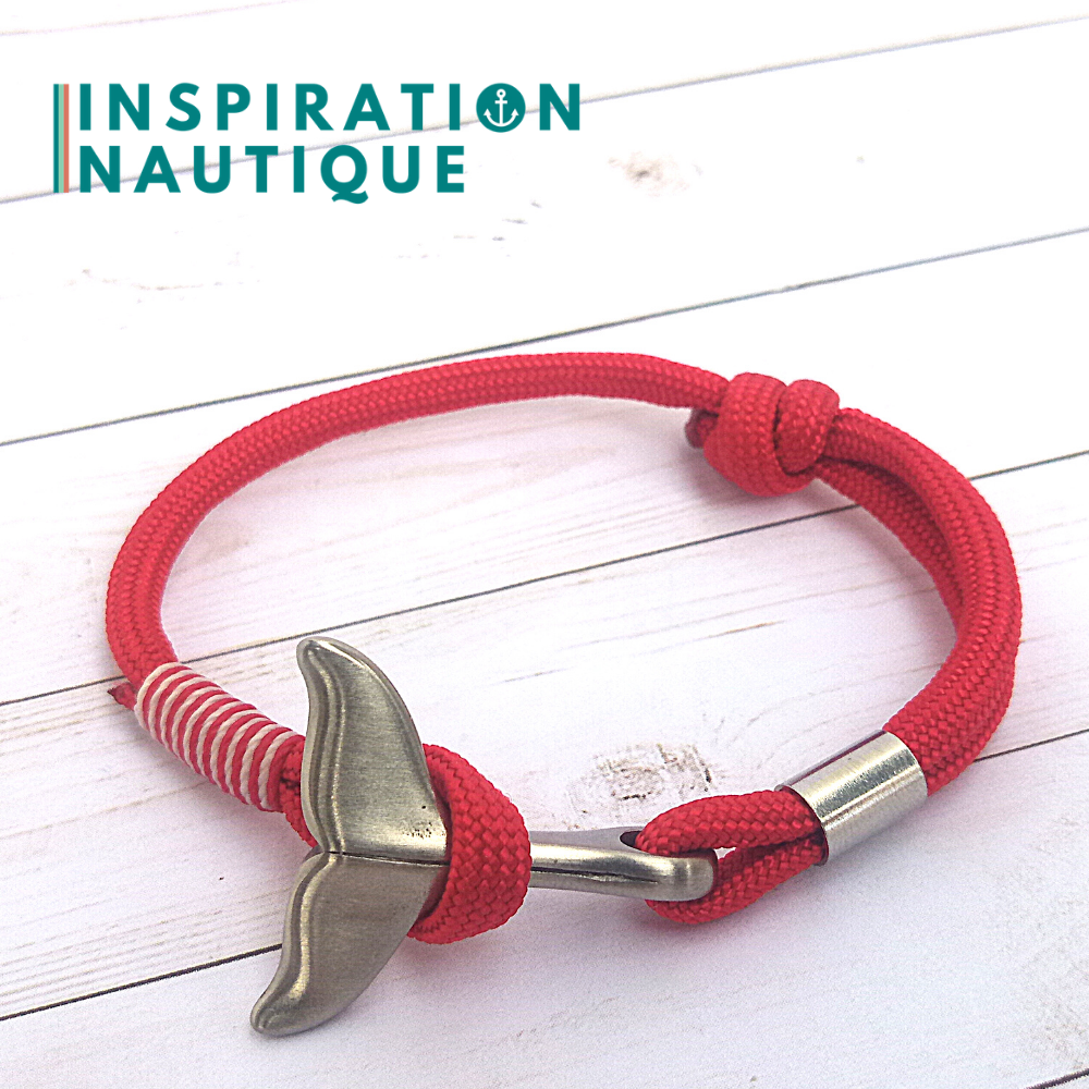 Bracelet marin avec queue de baleine pour femme ou homme en paracorde 550 et acier inoxydable, ajustable, Rouge