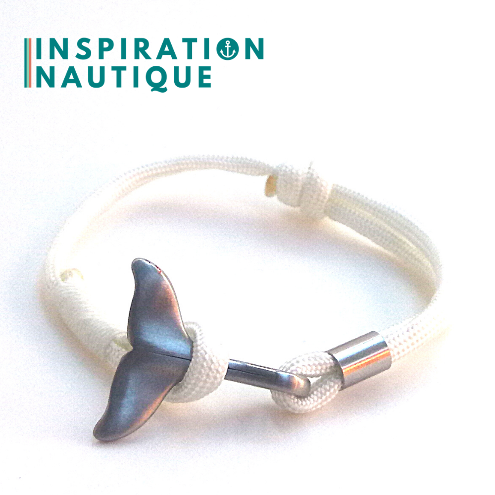 Bracelet marin avec queue de baleine pour femme ou homme en paracorde 550 et acier inoxydable, ajustable, Blanc