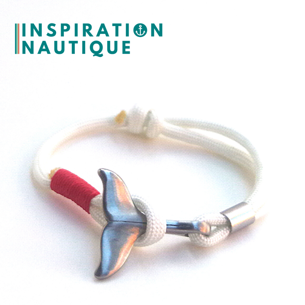 Bracelet marin avec queue de baleine pour femme ou homme en paracorde 550 et acier inoxydable, ajustable, Blanc