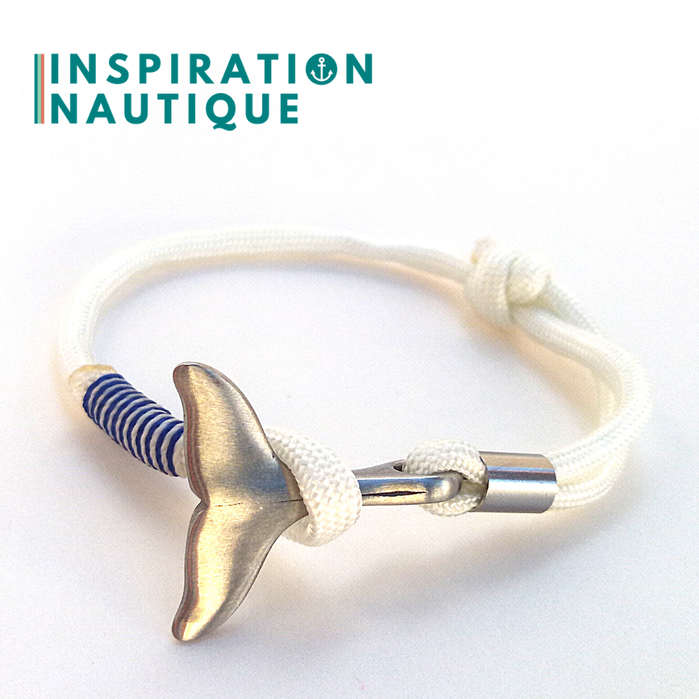 Bracelet marin avec queue de baleine pour femme ou homme en paracorde 550 et acier inoxydable, ajustable, Blanc