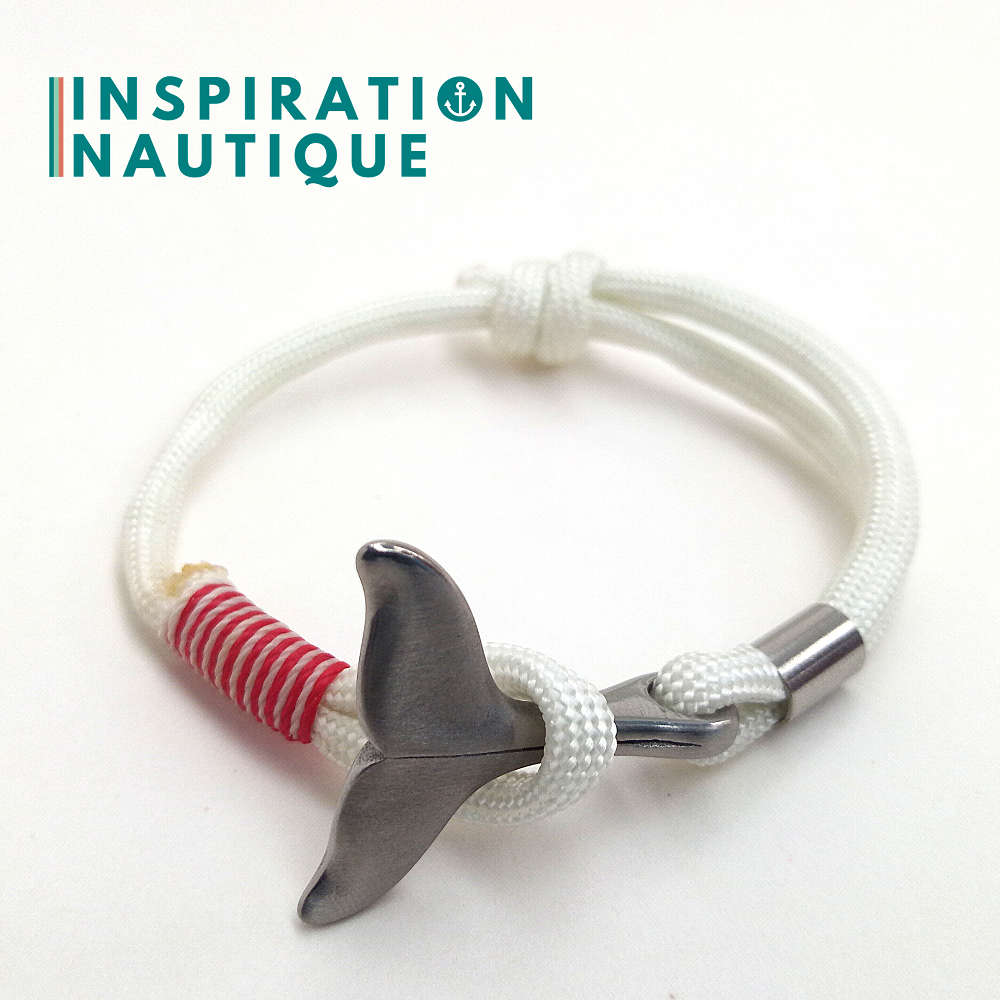 Bracelet marin avec queue de baleine pour femme ou homme en paracorde 550 et acier inoxydable, ajustable, Blanc