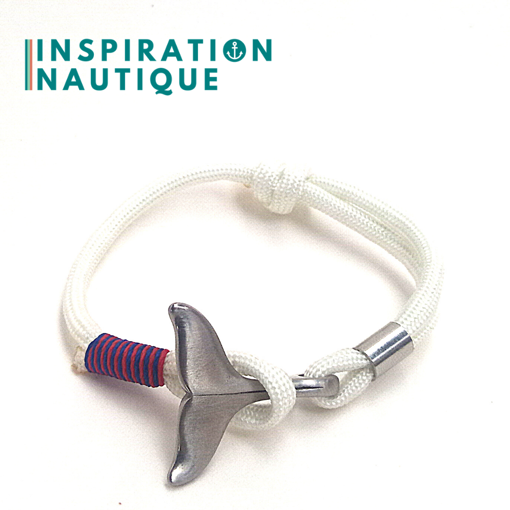 Bracelet marin avec queue de baleine pour femme ou homme en paracorde 550 et acier inoxydable, ajustable, Blanc