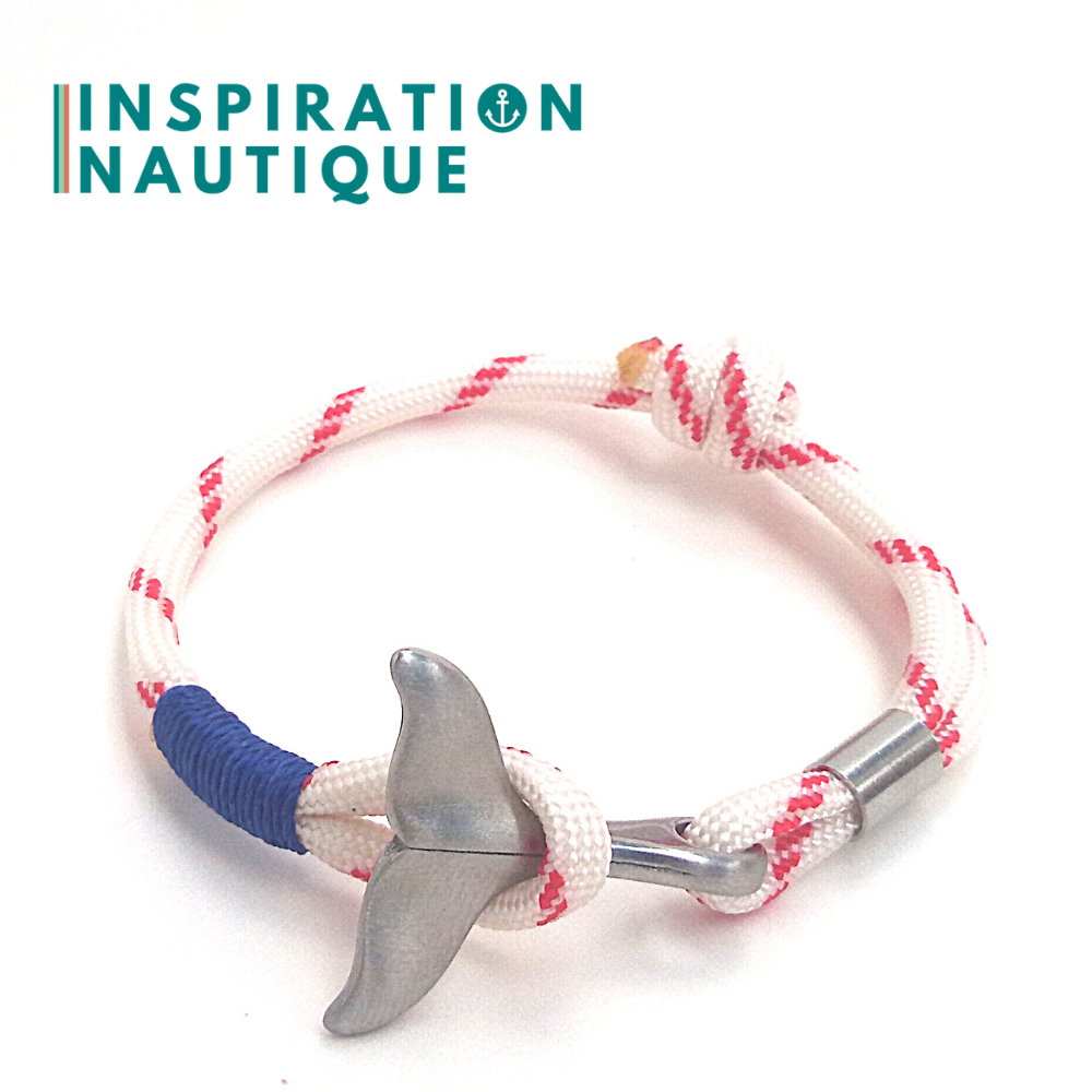 Bracelet marin avec queue de baleine pour femme ou homme en paracorde 550 et acier inoxydable, ajustable, Blanc avec traceur rouge