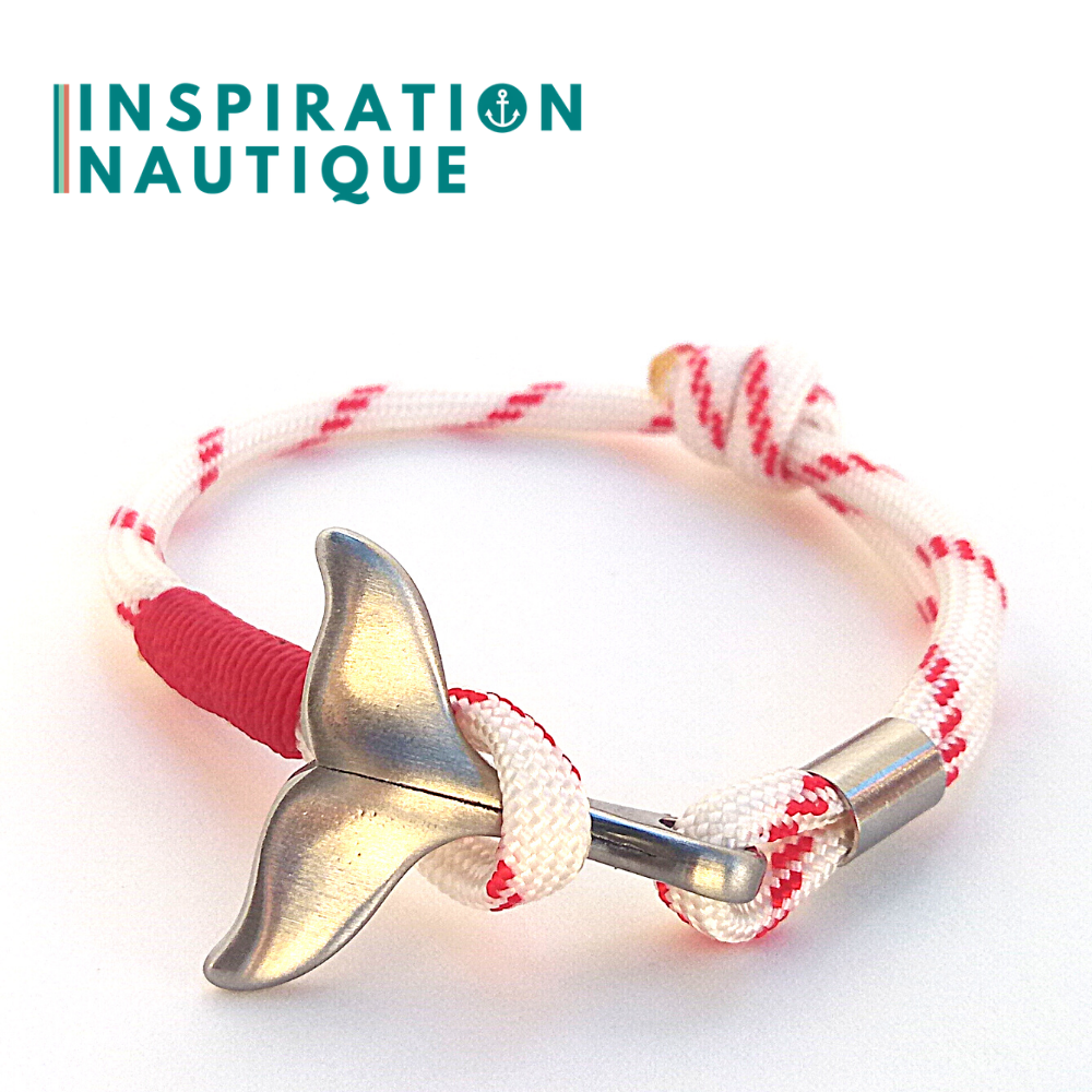 Bracelet marin avec queue de baleine pour femme ou homme en paracorde 550 et acier inoxydable, ajustable, Blanc avec traceur rouge