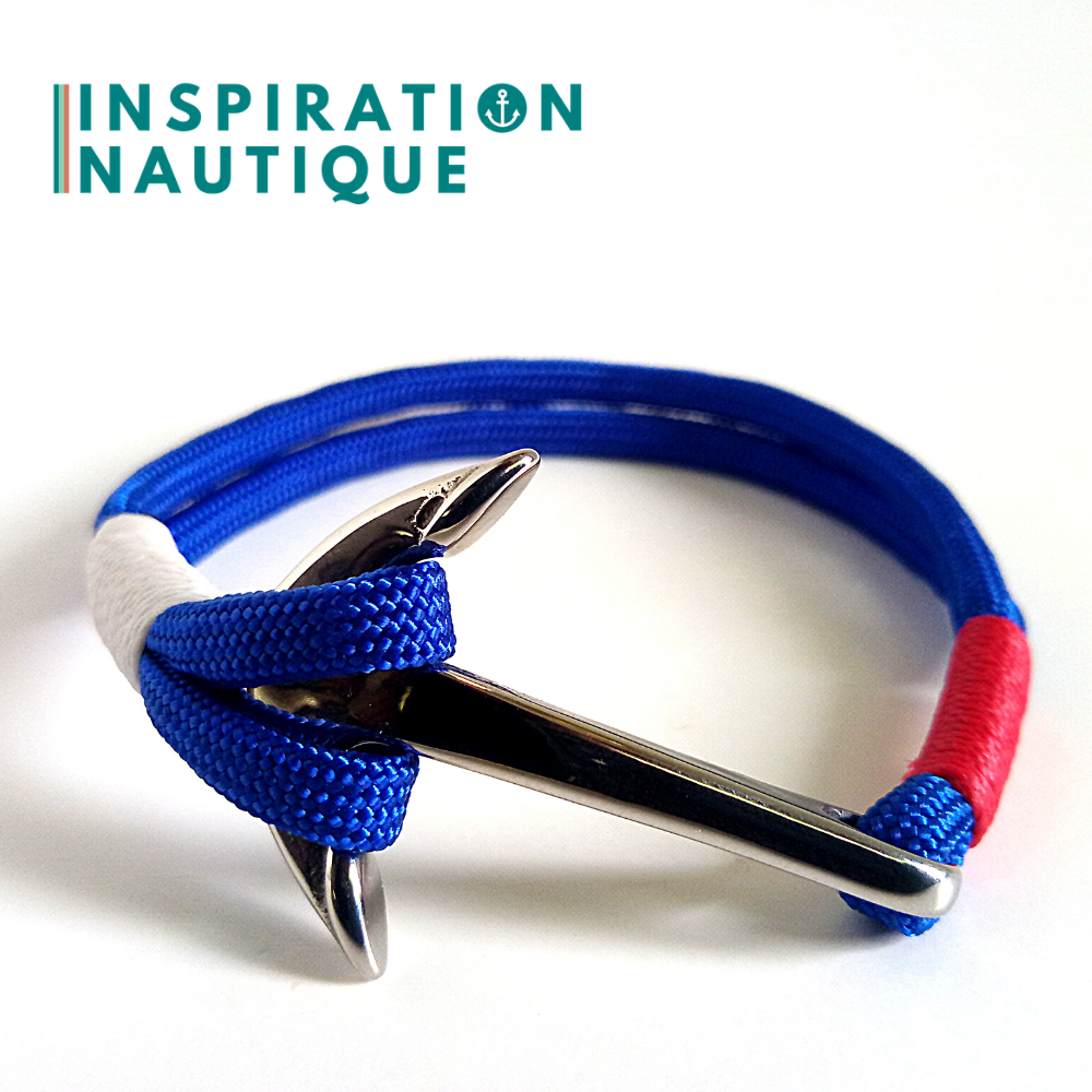 Bracelet marin avec ancre en paracorde 550 et acier inoxydable, Bleu, blanc, rouge