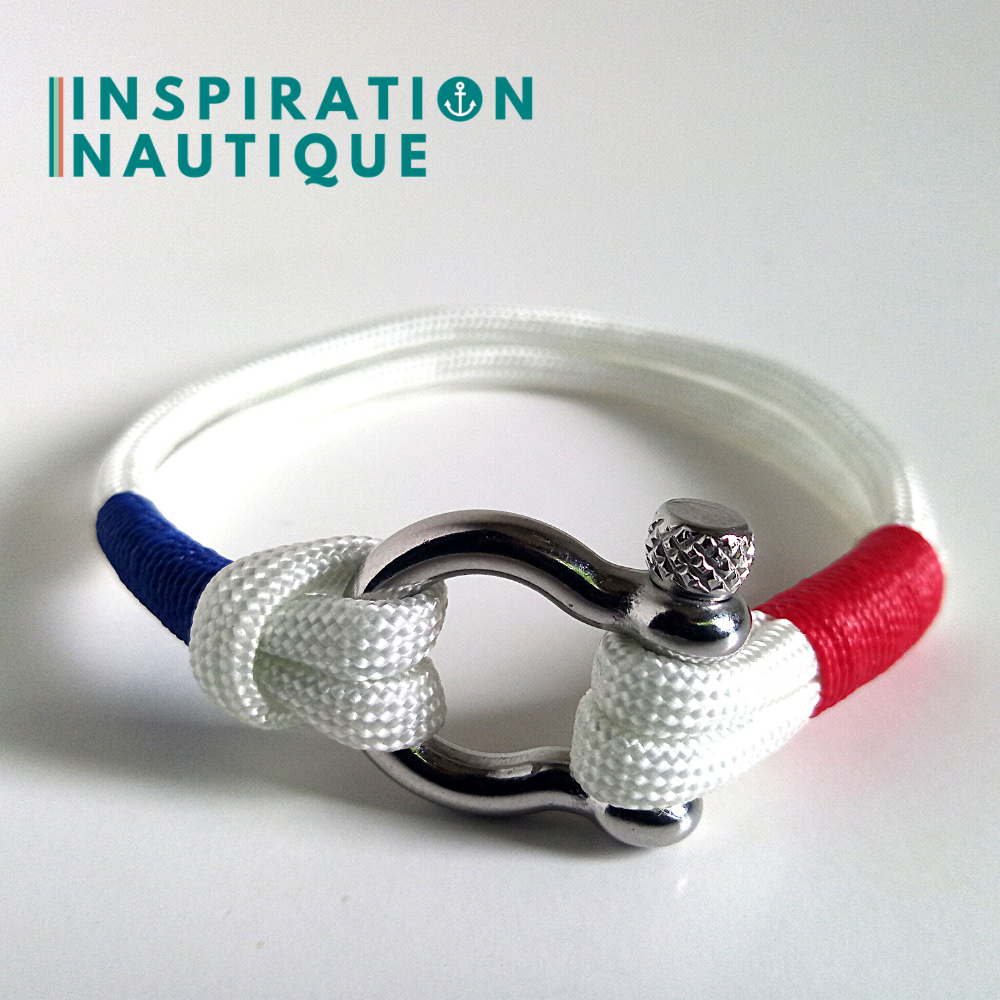 Bracelet marin avec manille en paracorde 550 et acier inoxydable, Blanc, bleu, rouge