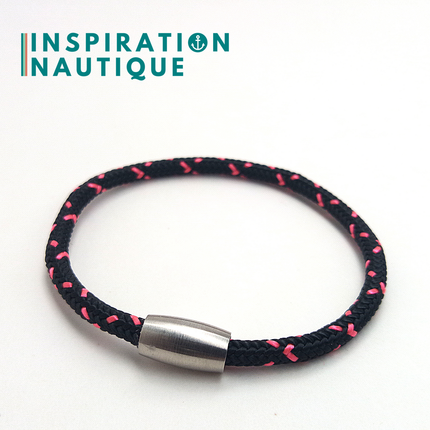 Bracelet simple avec aimant en cordage de bateau et acier inoxydable, Noir avec traceur rose
