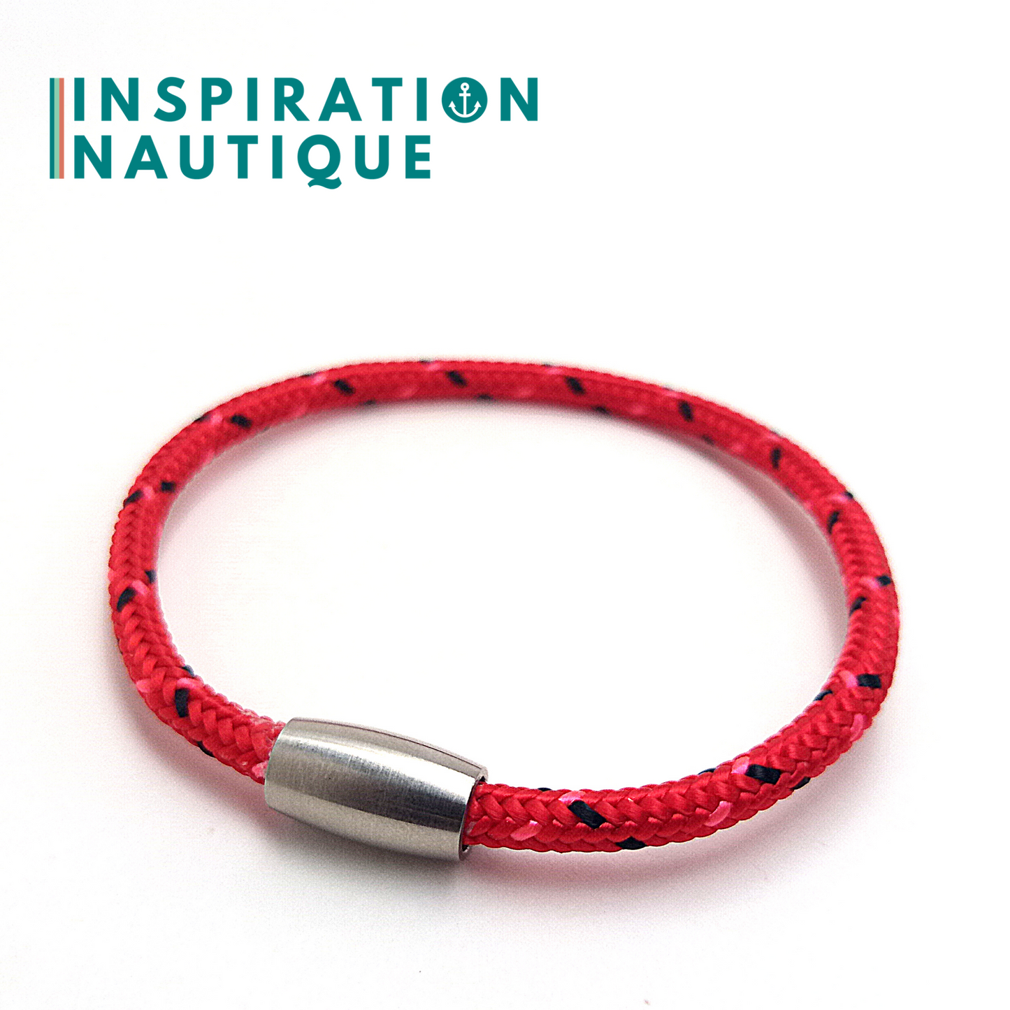 Bracelet simple avec aimant en cordage de bateau et acier inoxydable, Rouge avec traceurs noir et rose
