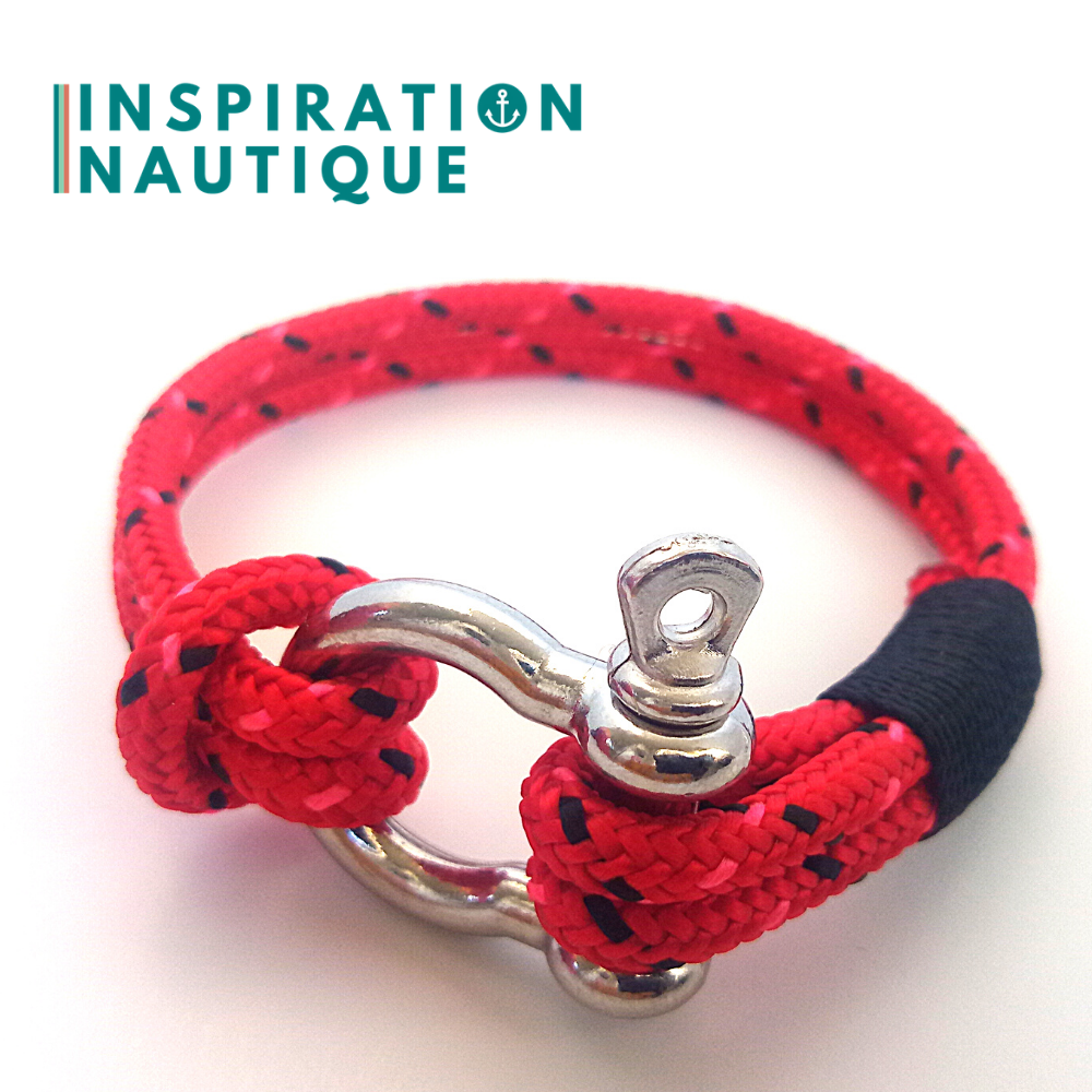 Bracelet marin avec manille en cordage de bateau et acier inoxydable, Rouge avec traceurs noir et rose