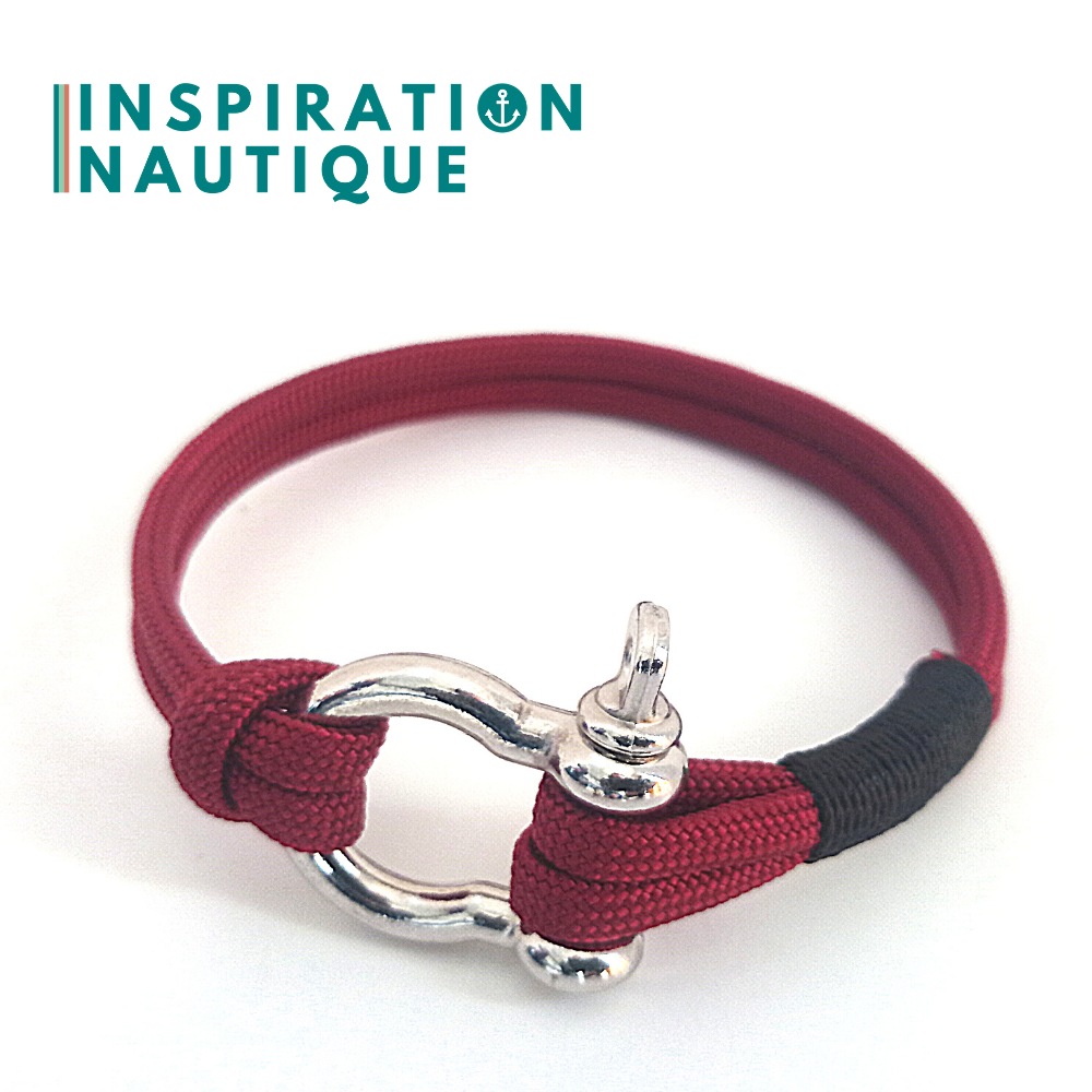 Bracelet marin avec manille en paracorde 550 et acier inoxydable, Bourgogne, Surliure noire, Medium