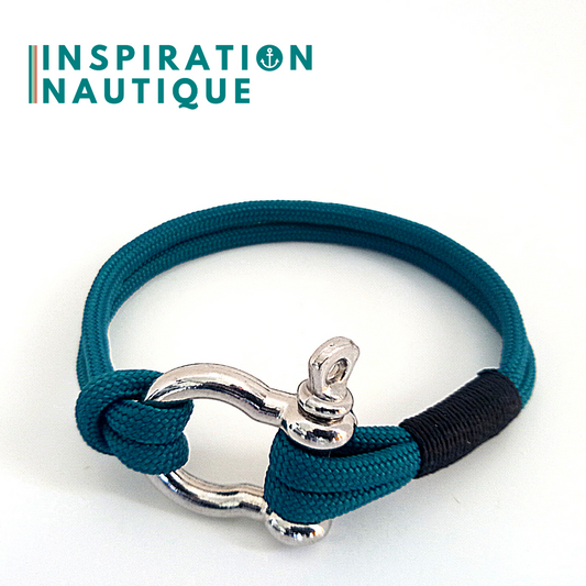 Bracelet marin avec manille en paracorde 550 et acier inoxydable, Sarcelle, Surliure noire, Medium