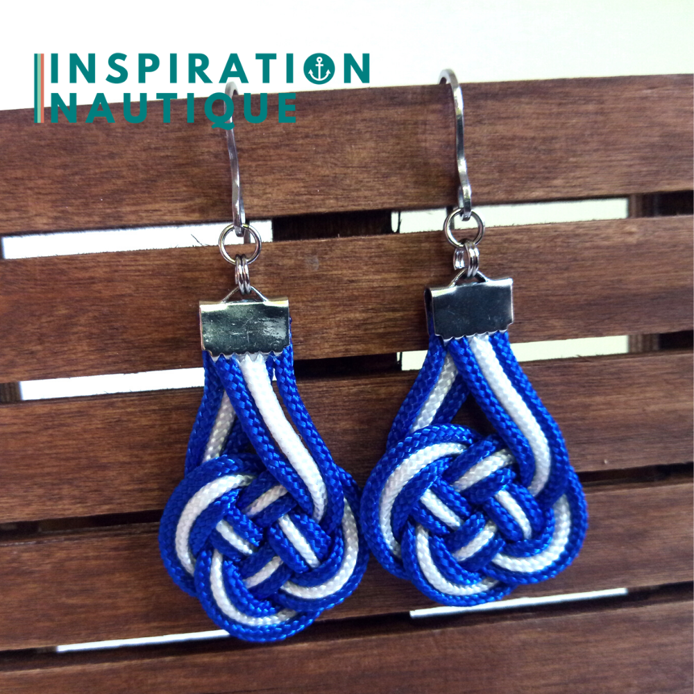 Boucles d'oreilles Double Coin Knot, Bleues et blanches