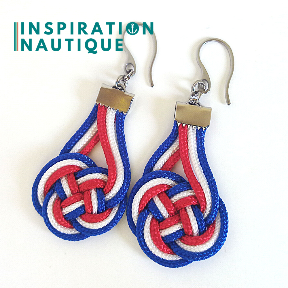 Boucles d'oreilles Double Coin Knot, Bleues, blanches et rouges
