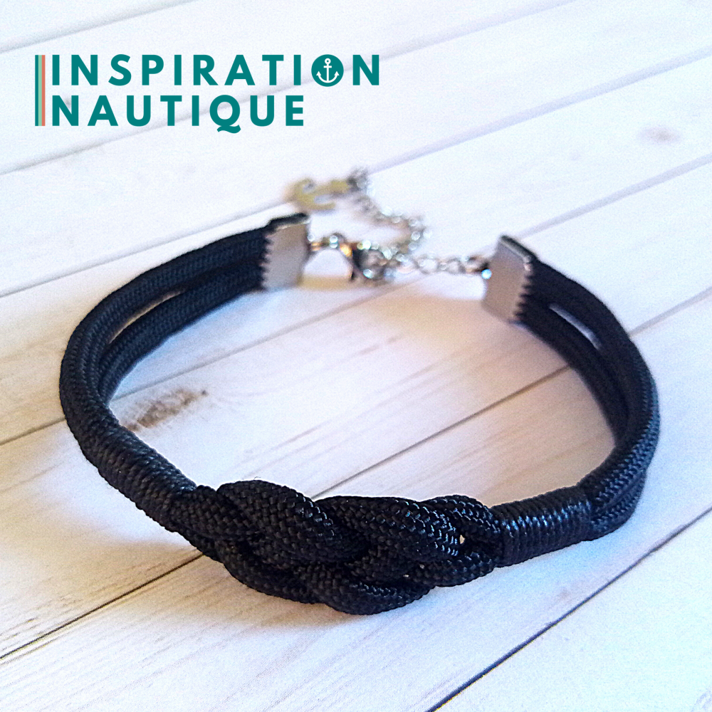 Bracelet marin avec noeud de carrick, unisexe, en paracorde 550 et acier inoxydable, Noir