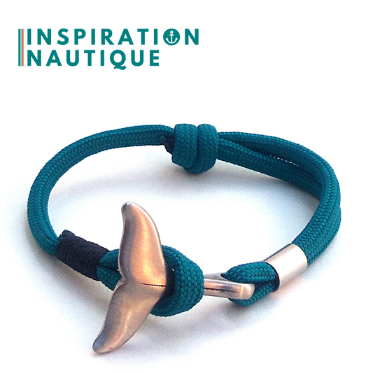 Bracelet marin avec queue de baleine en paracorde 550 et acier inoxydable, ajustable, Sarcelle, surliure noire, Medium