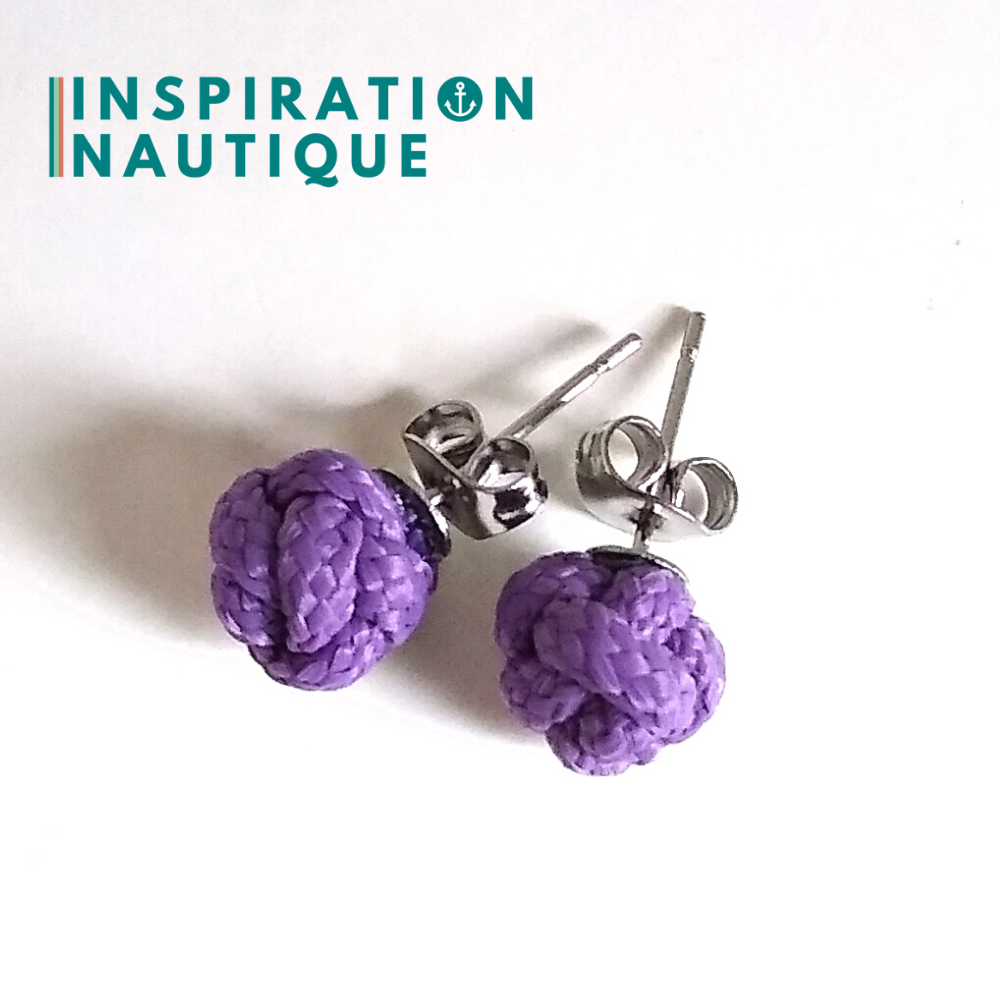 Boucles d'oreilles nautiques, boutons en noeud de sifflet de bosco, Lilas