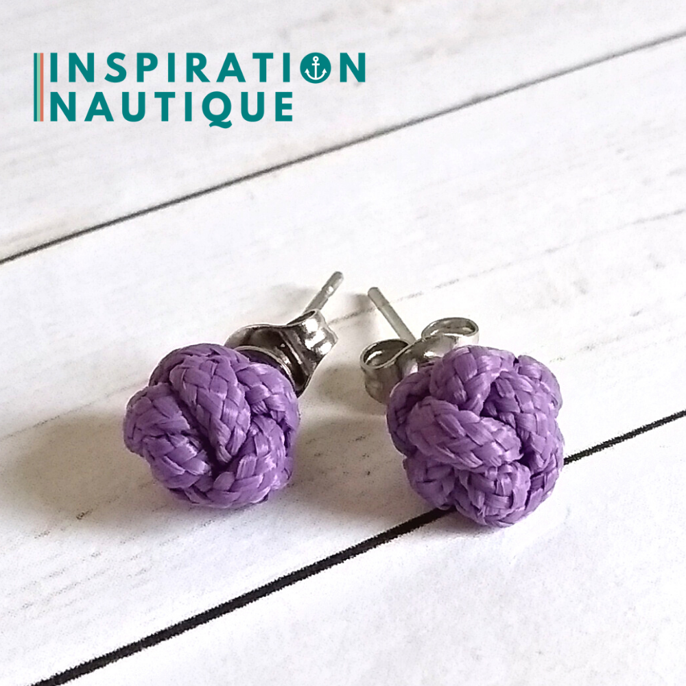 Boucles d'oreilles nautiques, boutons en noeud de sifflet de bosco, Lilas
