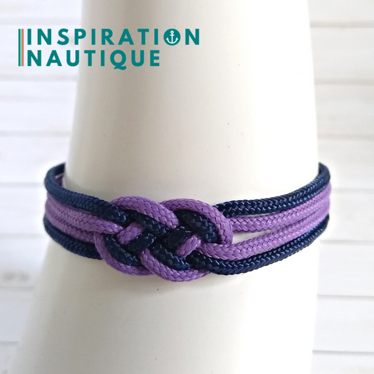 Sailor bracelet with mini unisex double carrick knot, in small paracord and stainless steel, Lilac and navy
