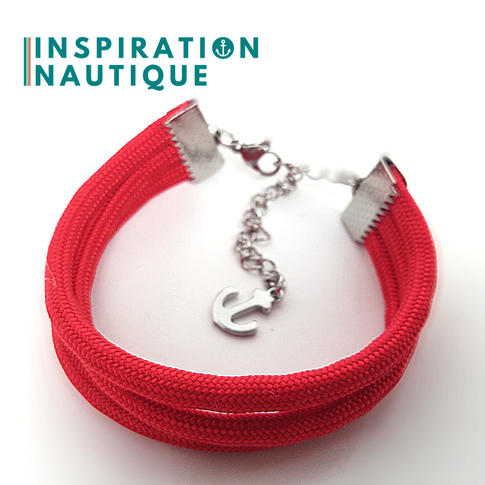 Bracelet marin triple rayures en paracorde 550 et acier inoxydable, Rouge, Small