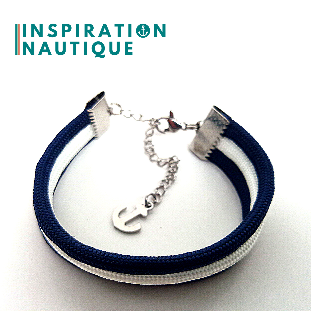 Bracelet marin triple rayures en paracorde 550 et acier inoxydable, Marine et blanc, Medium
