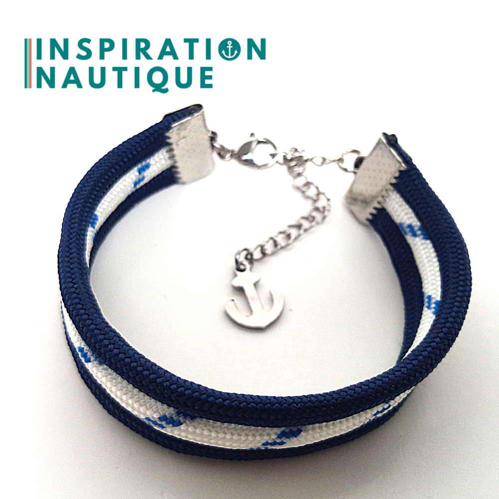 Bracelet marin triple rayures en paracorde 550 et acier inoxydable, Marine et blanc avec traceur bleu