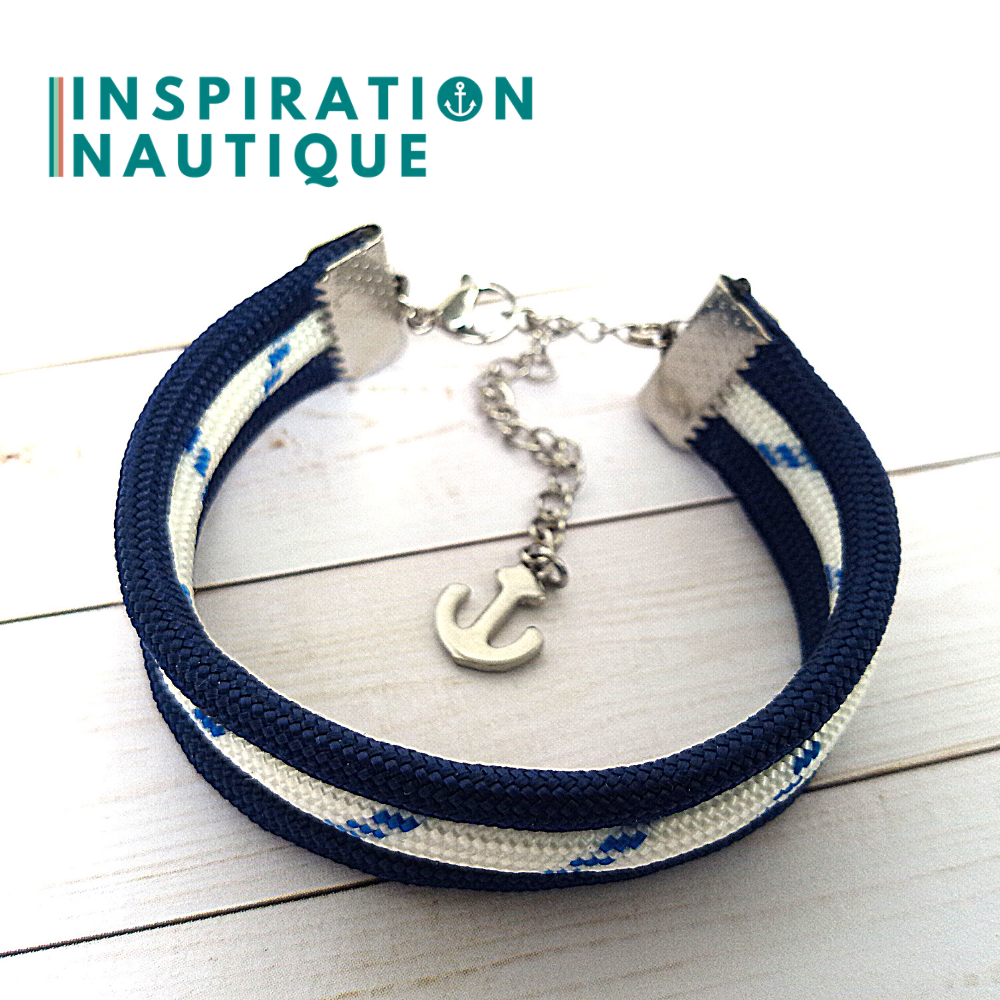 Bracelet marin triple rayures en paracorde 550 et acier inoxydable, Marine et blanc avec traceur bleu
