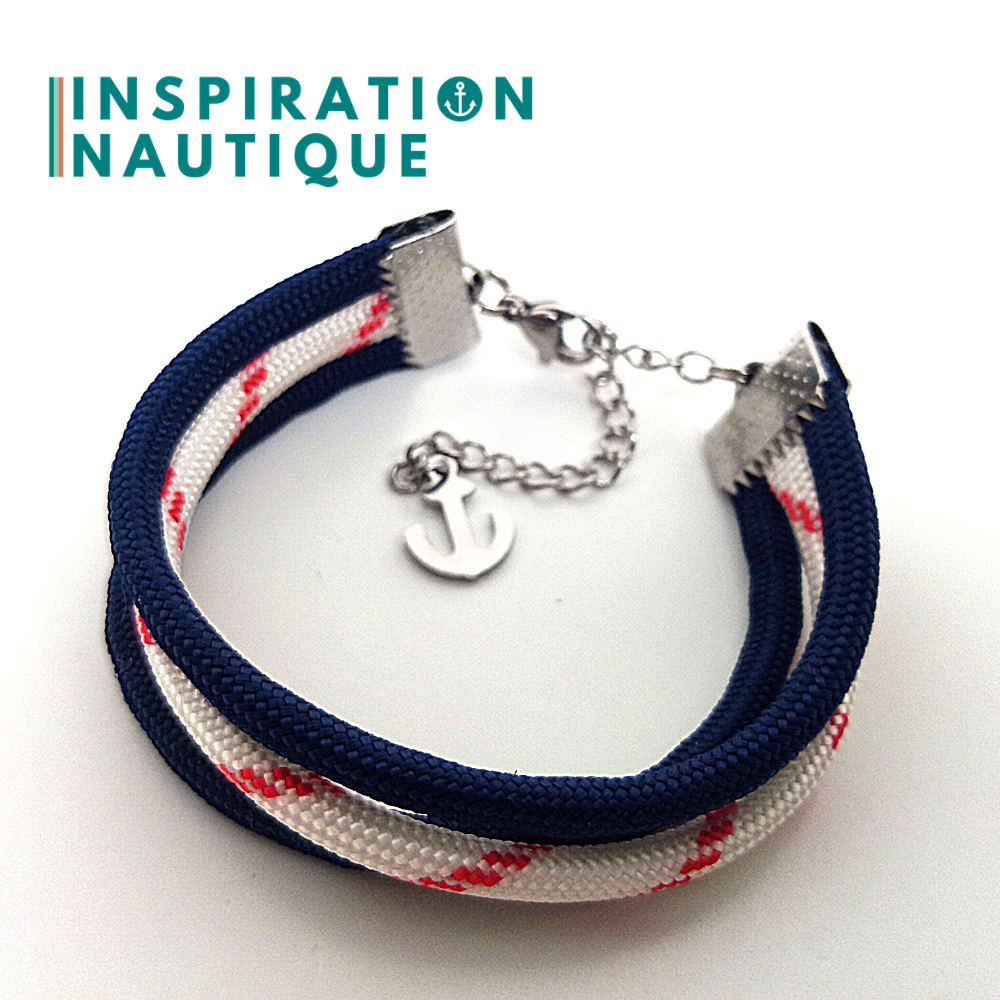 Bracelet marin triple rayures en paracorde 550 et acier inoxydable, Marine et blanc avec traceur rouge